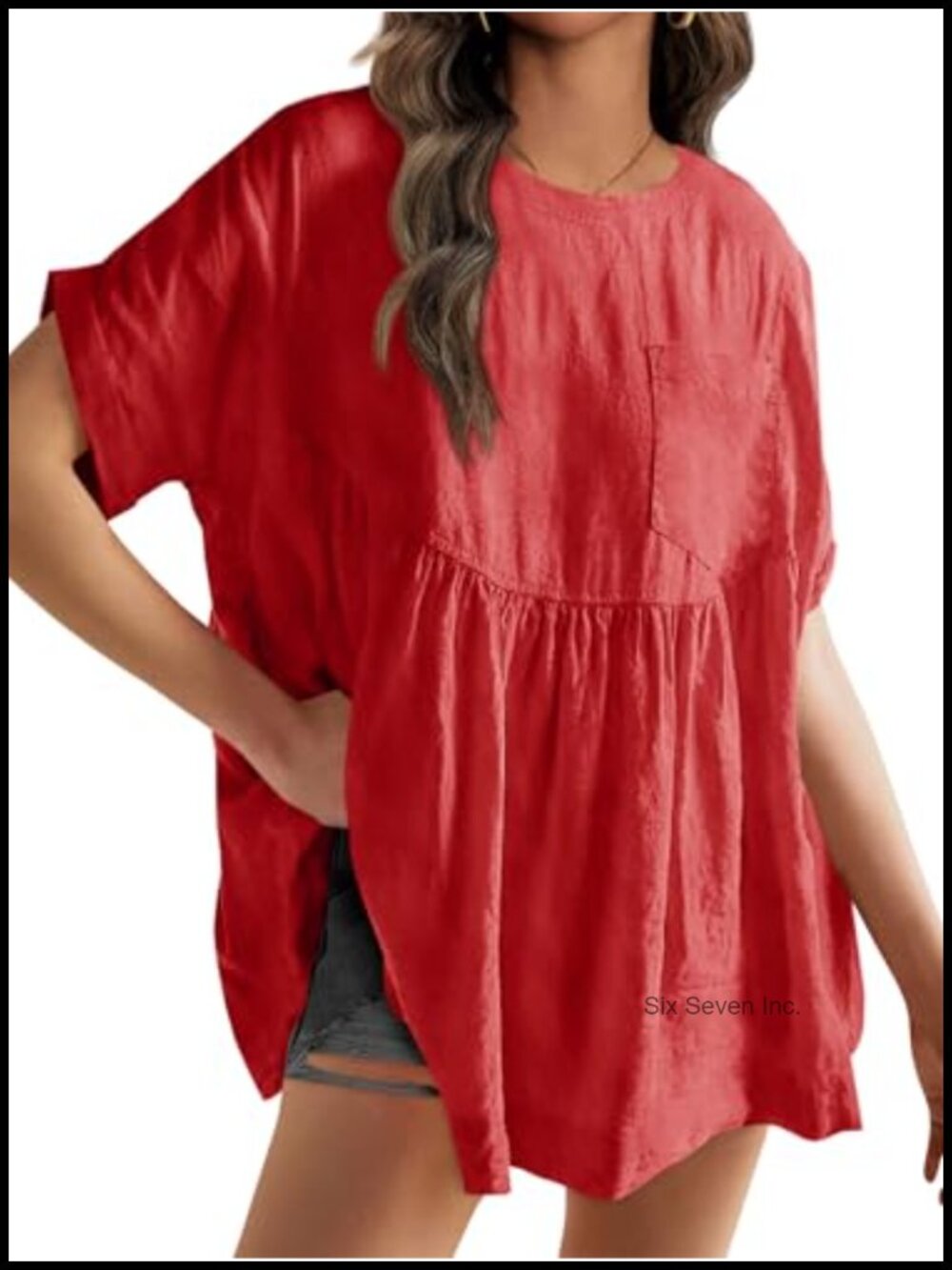 Linen-Blend Babydoll Peplum Tunic Top Short Sleeve Oversized